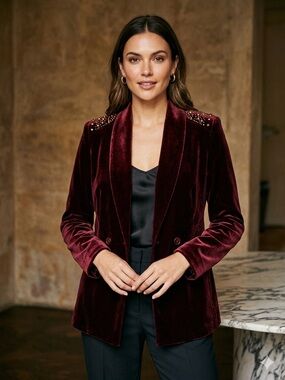 Sister Jane Velvet Stud-Embellished Blazer in Deep Burgundy